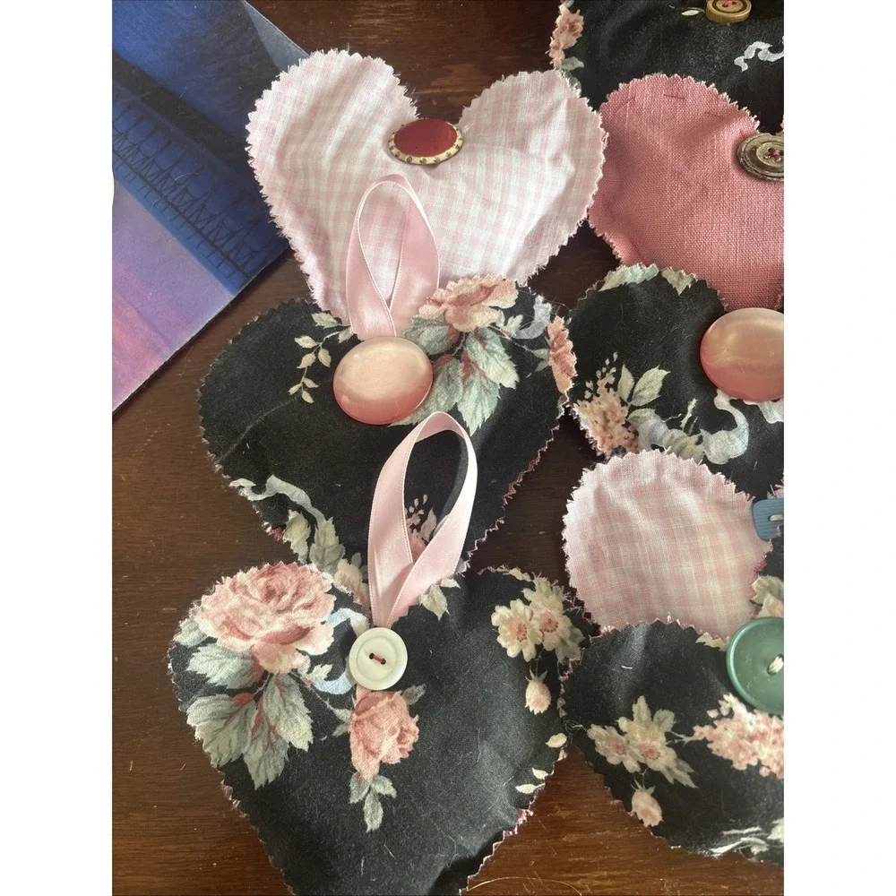 12 Handmade Hearts Bowl Filler Ornaments‎ Stuffed Pink Gingham Rose Floral